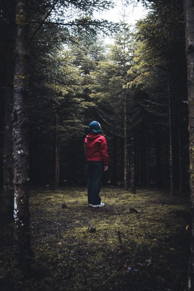 Individual in red coat standing in a lush green forest, creating a mood of solitude and exploration.