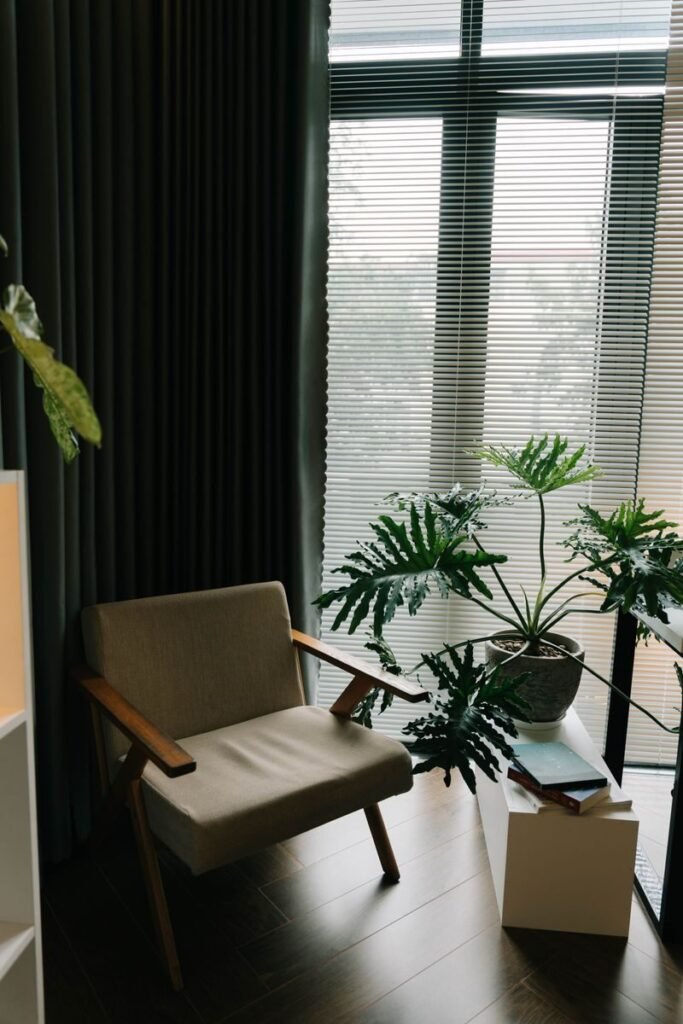Calming minimalist interior featuring a modern armchair and lush green plant by a window.