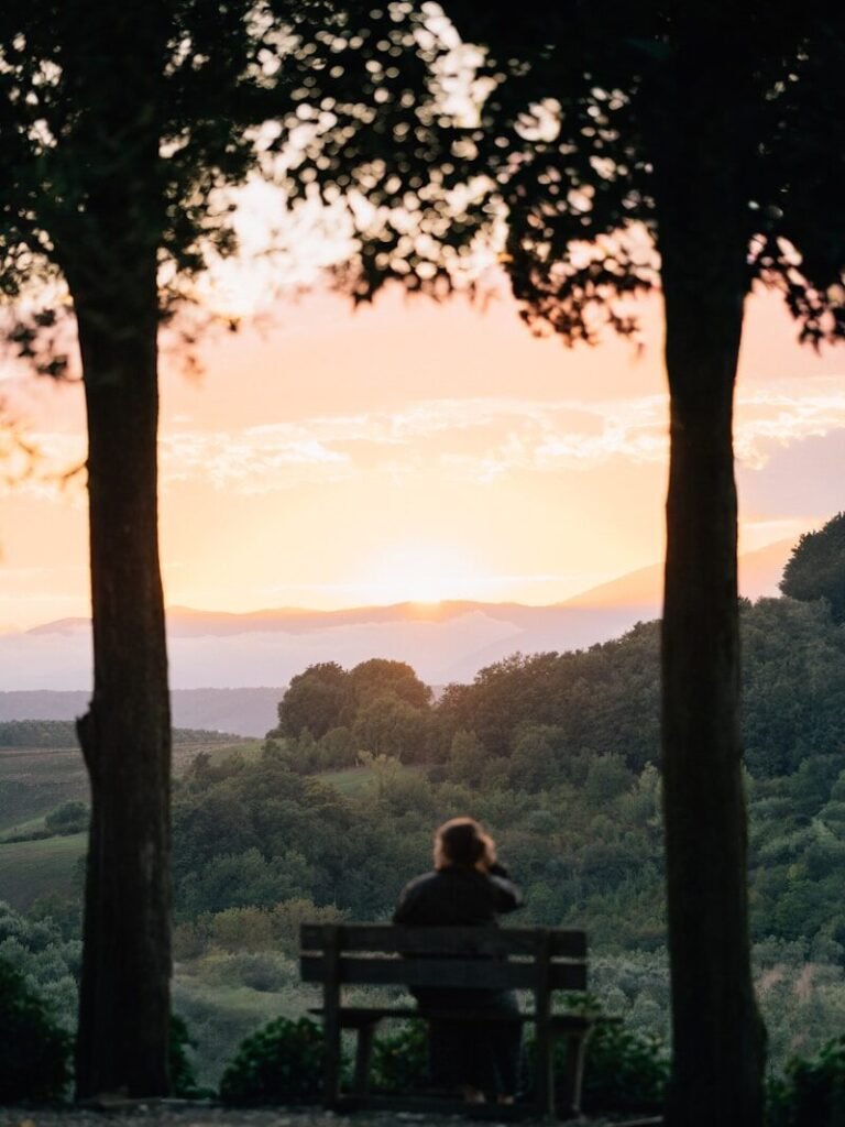 Person sits on bench watching sunset over rolling hills
